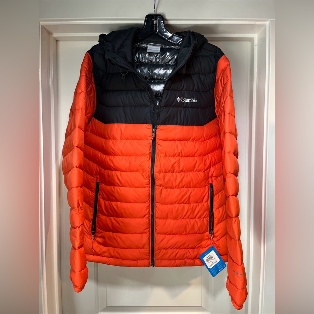 Mens Medium Columbia Powder Lite II Hooded Jacket Black Orange Puffer Insulated